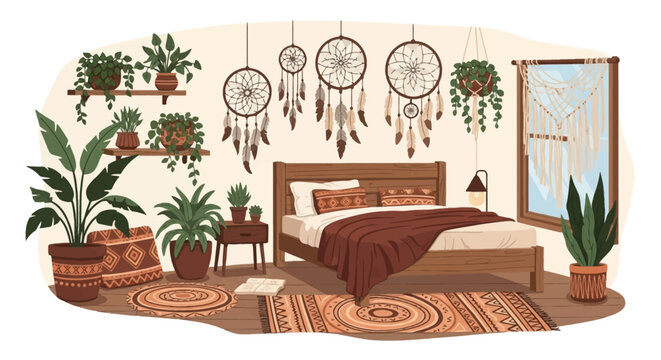 Bohemian bedroom interior with wooden bed, brown bedding, dreamcatchers hanging on wall, multiple indoor potted plants on shelves and floor, macrame curtain, and ethnic patterned rugs.