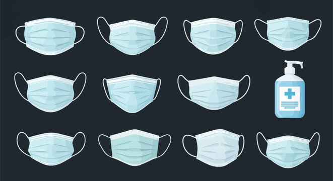 Vector illustration set of eleven blue disposable surgical face masks and one hand sanitizer pump dispenser bottle arranged in a grid pattern on a dark gray background for hygiene.