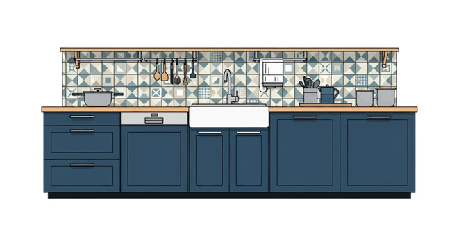 Modern kitchen illustration with dark blue cabinets, wooden countertop, white apron-front sink, and a geometric blue tile backsplash including hanging utensils and kitchenware.