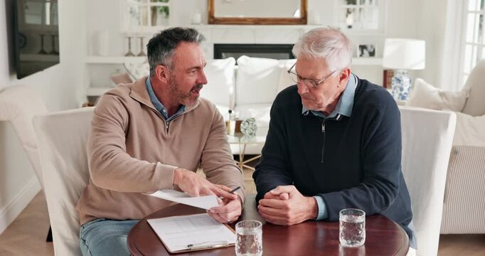 Agent, man and meeting with document in home for housing options, mortgage equity or disclaimer. Realtor, mature people and disclosure paperwork for retirement planning, estate agreement and feedback