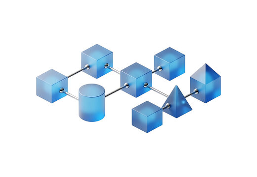 Blue 3d geometric shapes connected by metal rods representing a network or abstract data structure
