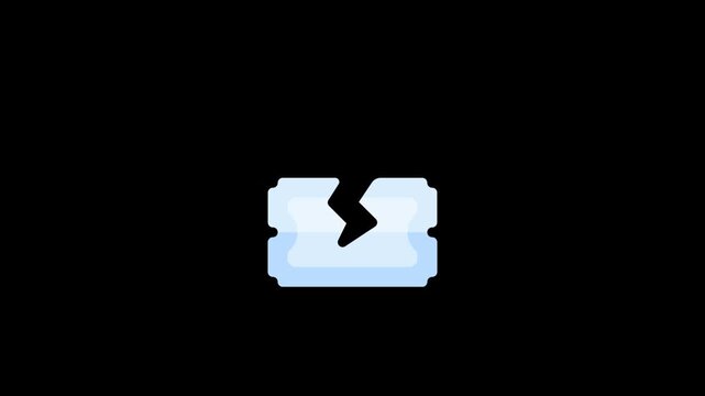 Torn blue cinema ticket icon displaying a jagged center split in this minimalist flat vector animation style motion video clip
