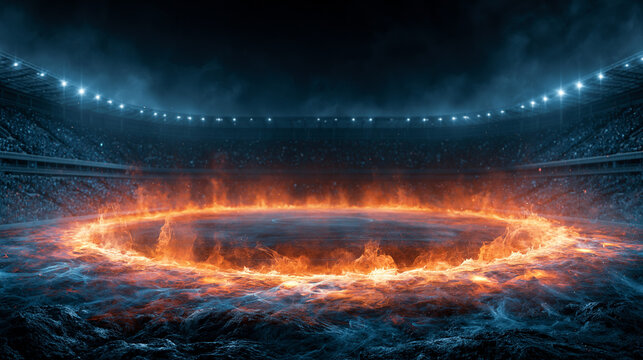 Wide shot , fire burning effect big circle pattern on the football stadium , epic action sport image.