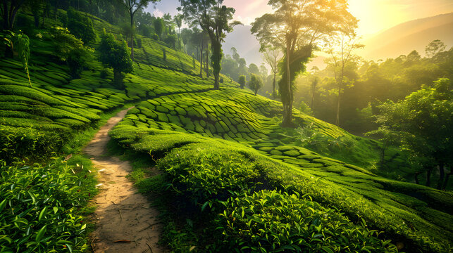 Serene Morning Light Over Sreemangal Tea Garden in Sylhet Region