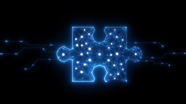Glowing Digital Puzzle Piece with Network Connections, Representing Strategic Solutions, Problem Solving, Innovation, and Technology Integration..