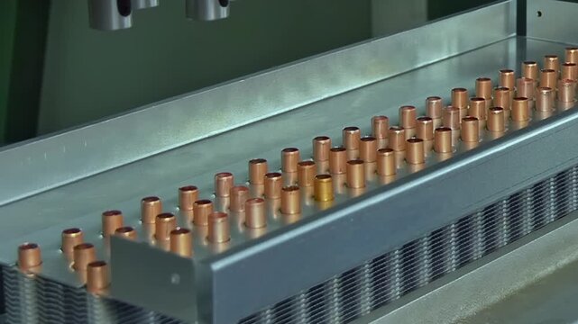 In a close-up view, an advanced machine operates in slow motion, skillfully shaping copper tube parts. Each piece emerges with precision, showcasing the efficiency of industrial craftsmanship.