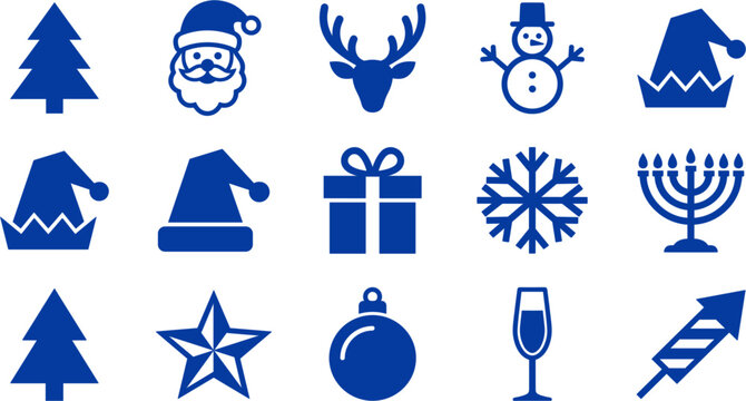 Blue Christmas New Year and Hanukkah Festive Solid Icon Set with Santa Menorah Reindeer Gift Snowflake and Firework Rocket Symbols