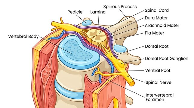 Anatomical cross section of human vertebra with spinal cord and nerve roots