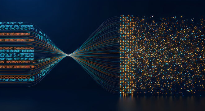 Digital binary code streams converging into glowing particles to represent complex data processing and advanced artificial intelligence network connectivity systems