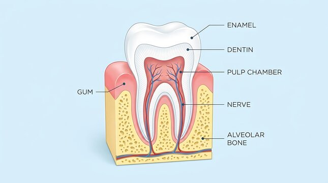 Anatomical diagram of a human tooth showing enamel dentin pulp and nerve root