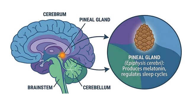 Anatomical diagram of human brain highlighting the pineal gland and its function