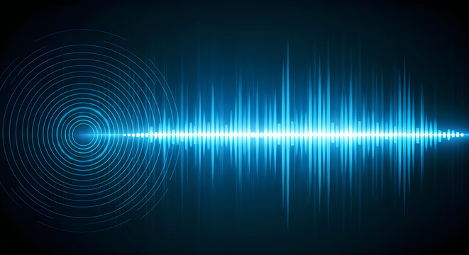 Bright blue digital audio waveform visualization featuring glowing concentric circular patterns and sharp vertical frequency lines on dark background space
