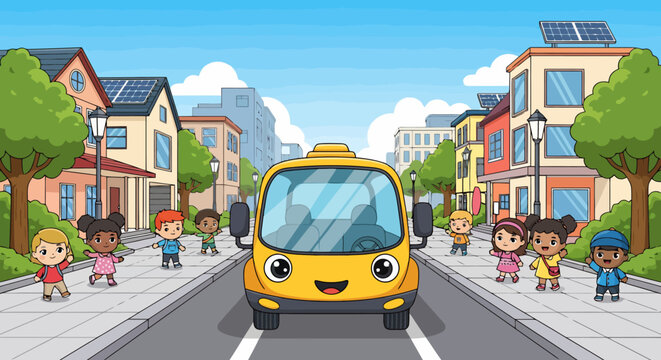 Happy cartoon school bus with children waiting on sidewalk.