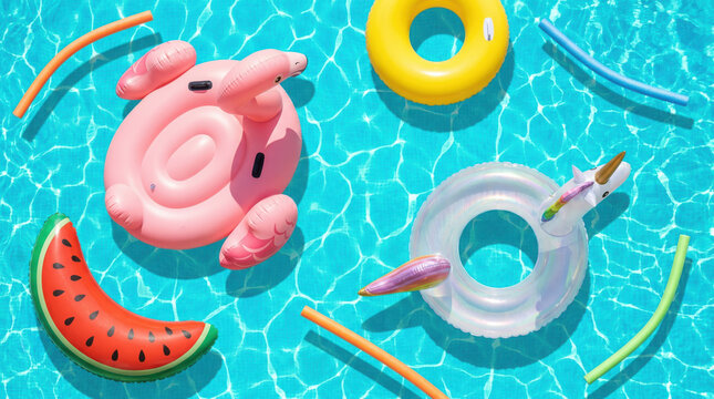 Colorful Inflatable Pool Toys Arranged on Calm Turquoise Water, Top-Down View