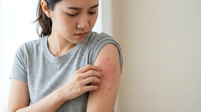 Concerned Young Woman Scratching Red Allergic Rash on Arm; Skin Irritation, Dermatitis, and Healthcare Concept