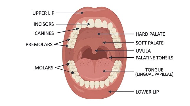 Anatomical diagram of the human mouth showing teeth and oral cavity parts