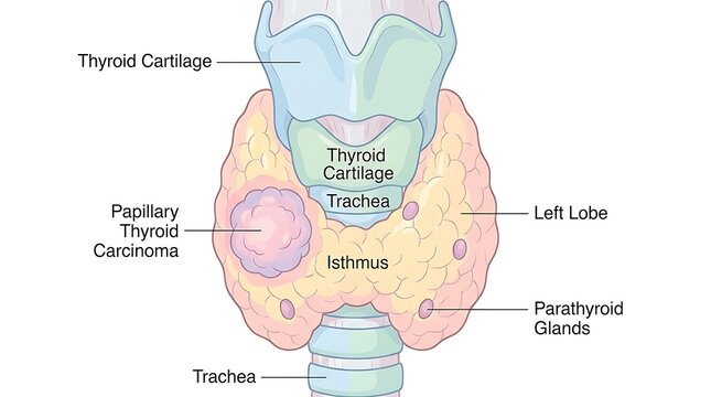 Anatomical diagram showing papillary thyroid carcinoma in the human gland