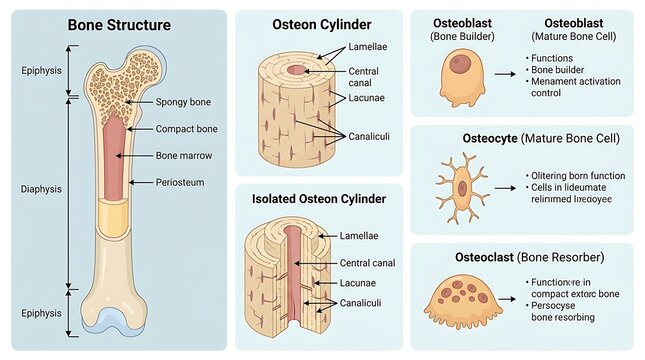 Anatomy chart showing bone structure osteon cylinder and bone cell functions