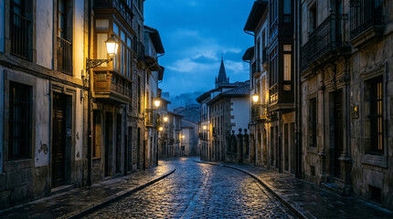 Obraz premium Empty Cobblestone Street in Historic European Town at Dusk with Glowing Lanterns