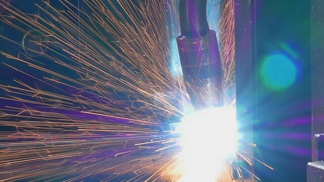 Witness the captivating process of argon welding as a robot expertly fuses metal pieces together. The mesmerizing sparks and vibrant colors come alive in slow motion, showcasing technology in action.