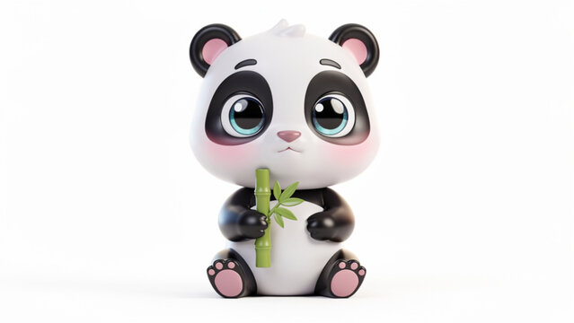 Cute baby panda character holding bamboo stalk.