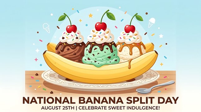 Delicious banana split dessert with three ice cream scoops and cherries on top celebration treat