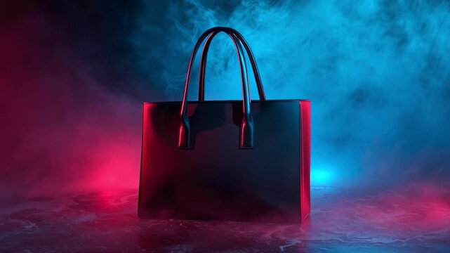 Black shopping bag retail package with handle, fashion tote in colored smoke, neon smoke studio lighting, isolated product, SEO friendly package