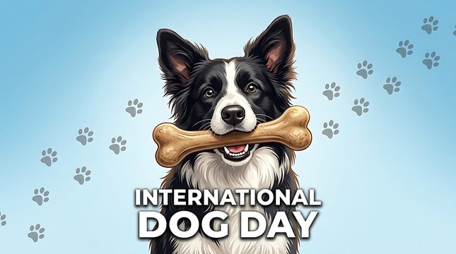 Happy black and white border collie holding a bone for international dog day celebration illustration