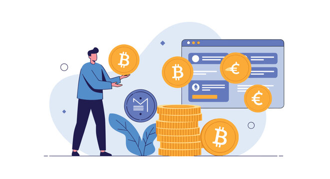 Man reaches for floating Bitcoin and Euro currency symbols near a stack of gold coins and a web browser window showing financial data on a screen.