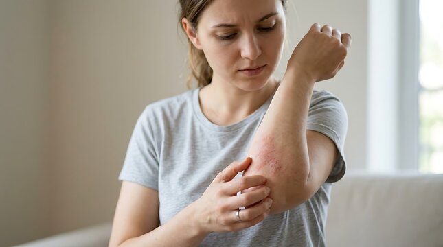 Concerned Young Woman Examining Itchy Red Rash on Her Arm, Indicating Allergic Reaction, Eczema, or Skin Irritation