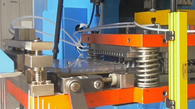 Observe intricate machinery of metal sheet press in action, creating precision parts for industrial air conditioners. Slow motion reveals powerful mechanics at play in industrial setting.