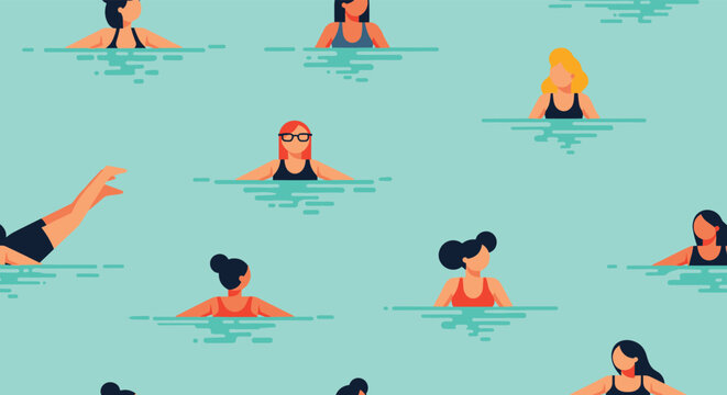Seamless pattern illustration of several women in colorful swimsuits swimming together in bright blue water.