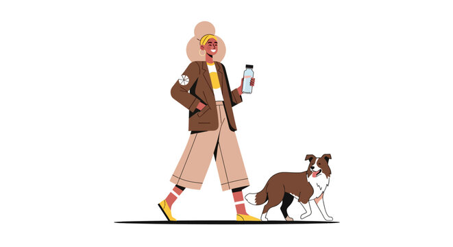 Woman walking her border collie on a leash outdoors.