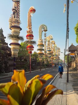 Bamboo penjor decorate the sides of the road during the Galungan holiday in Bali, Indonesia.