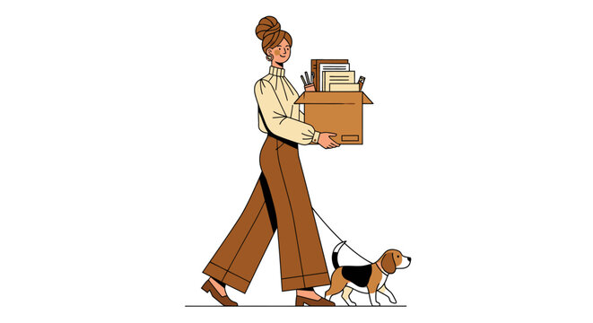 Woman walking a beagle dog while carrying a box.