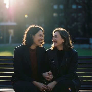 Two happy women sitting on a park bench at sunset.