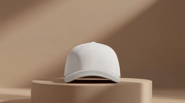 Blank white baseball cap mockup front view standing on a minimalist round podium with warm beige aesthetic background