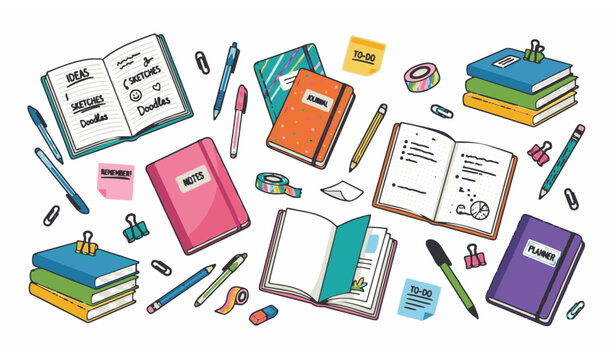 Assorted cartoon notebooks with open pages, colored covers, pens and pencils stationery vector set isolated on white background