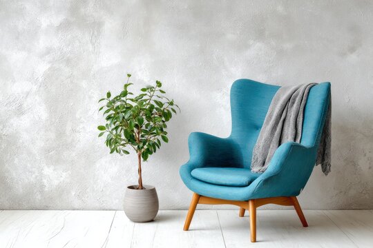 A teal armchair with a grey throw sits beside a potted plant.