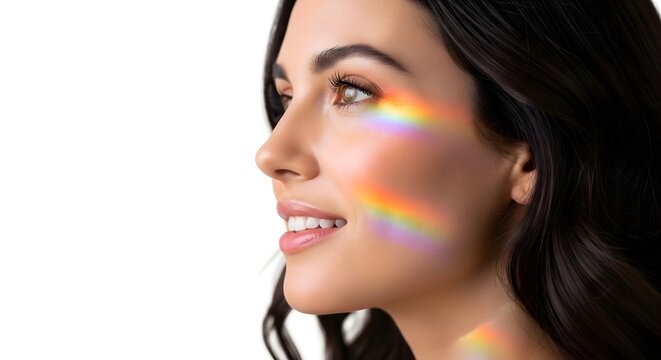Beautiful woman profile with rainbow light reflection on her face