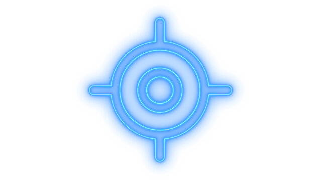 Colorfull neon target icon depicting a crosshair aiming symbol for technology or gaming concepts isolated on transparent background with glowing blue light effects and simple design