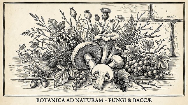 Vintage botanical illustration of fungi and berries