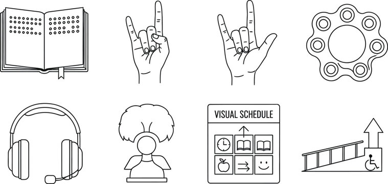 Diverse outline icon set featuring visual schedule accessibility ramp and communication symbols perfect for special education UI design and modern concepts