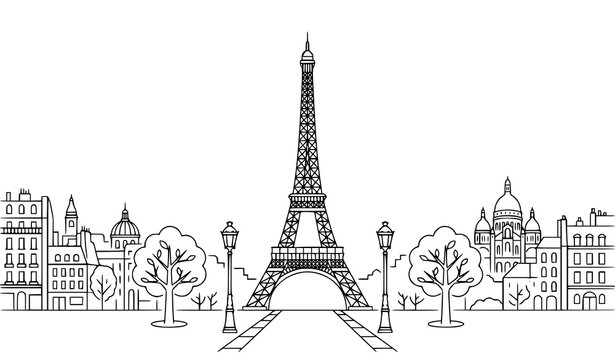 Paris city skyline panorama with Eiffel Tower landmark and French street architecture buildings outline hand drawn sketch vector