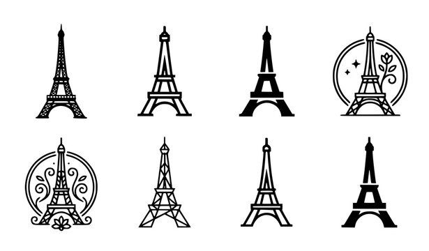 Eiffel Tower icon set with romantic floral circular badge frames and line silhouette variations for Paris France landmark logo vector