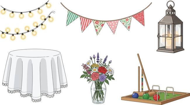 A delightful vector collection of garden party elements featuring string lights bunting a croquet set and floral arrangements ideal for summer celebrations and outdoor events