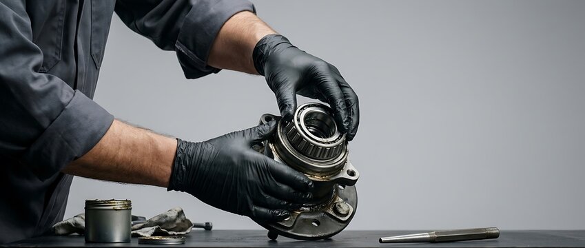 Mechanic in black gloves repairing a car wheel hub bearing assembly