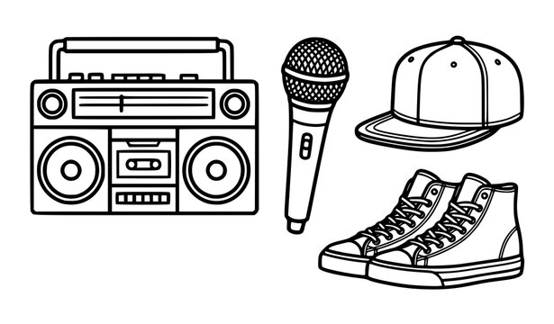 Retro hip hop line art element set with vintage boombox radio microphone snapback cap and high top sneakers vector