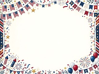 Obraz premium Patriotic frame with american flags, fireworks, and balloons on white background