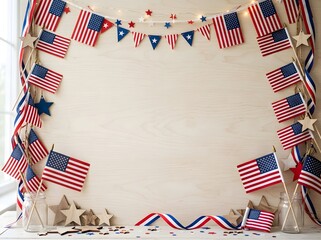 Obraz premium Patriotic background with american flags and stars on a light wood surface for 4th of july celebrations